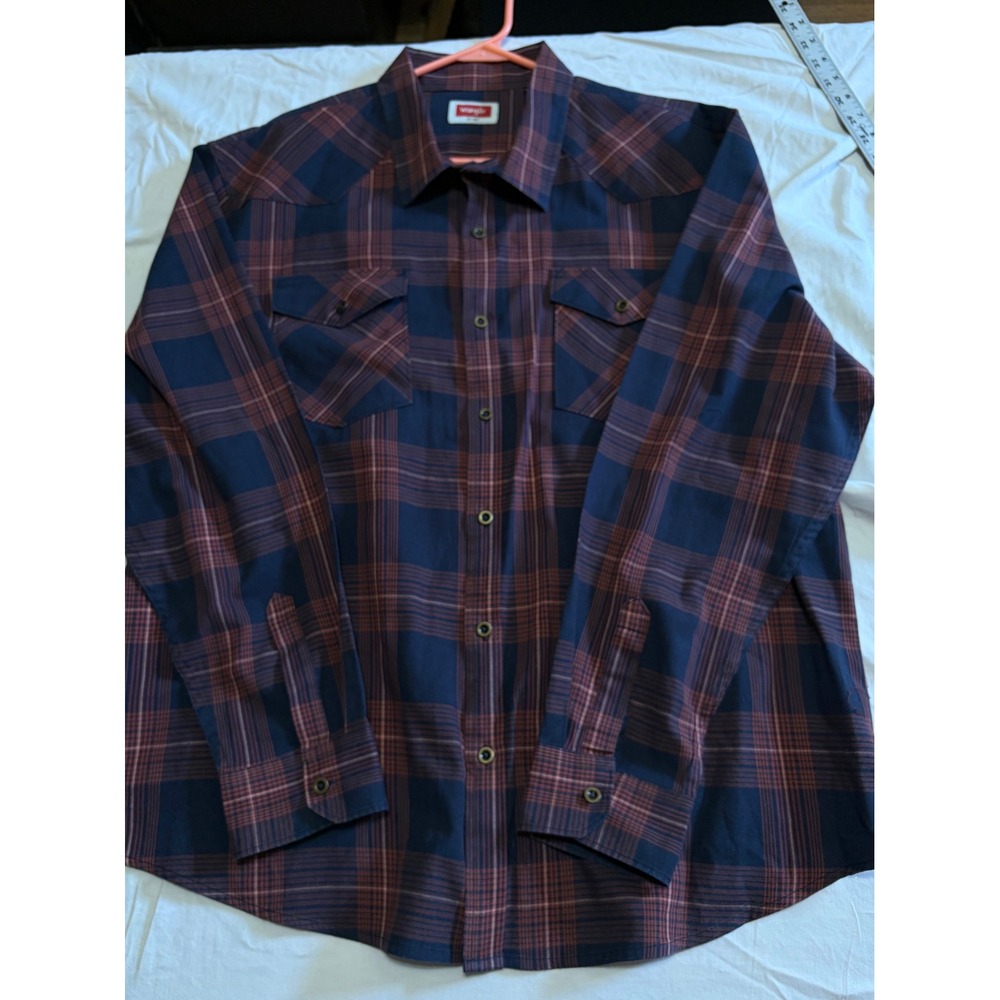 Wrangler Mens 2XL Navy Rust Plaid Western Snap Stretch Shirt 112346305